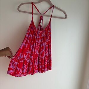 LOFT XS Red Pink Tropical Floral Print Ruffle Hem Tank Top Summer Blouse